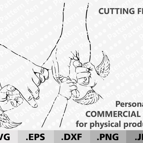 Eltern und 3 Kinderhände SVG. Familienhände von Mama, Papa, 1 Baby, 2 Engelsflügel digital Cricut. Muttertag. Ukraine Shop. Familienportrait