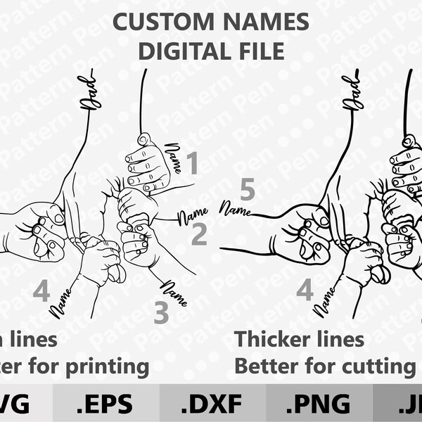 Personalized Father and 5 children's hands with custom names SVG. Father's day gift svg for cutting Cricut/Silhouette. Dad and 5 kids hands