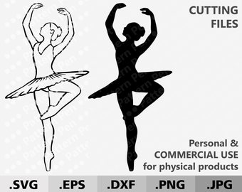Puede incluir: Una silueta en blanco y negro de una bailarina con un tutú, con un dibujo de línea de la misma bailarina a su lado. La imagen incluye el texto "CUTTING FILES", "Personal & COMMERCIAL USE" y "for physical products".
