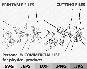 Puede incluir: Ilustración en blanco y negro de líneas de varias manos entrelazadas en un círculo. La imagen está etiquetada como "Archivos imprimibles" y "Archivos de corte" e incluye el texto "Uso personal y comercial para productos físicos" y los tipos de archivos: .SVG, .EPS, .DXF, .PNG, .JPG.