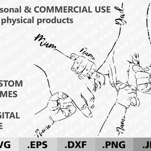 Personalized parents and 4 kids hands with custom names SVG. Family hands mom dad 4 babys SVG. Ukraine shops. Father's day. Digital file SVG