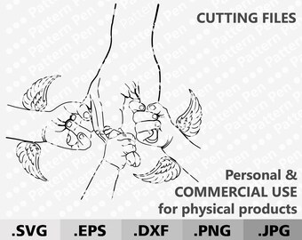 Puede incluir: Ilustración en blanco y negro de línea de arte de tres manos que se sostienen entre sí con alas de ángel en cada brazo. El texto "CUTTING FILES" está en la parte superior de la imagen. El texto "Personal & COMMERCIAL USE for physical products" está en la parte inferior de la imagen. Los tipos de archivo .SVG, .EPS, .DXF, .PNG y .JPG se enumeran debajo del texto.