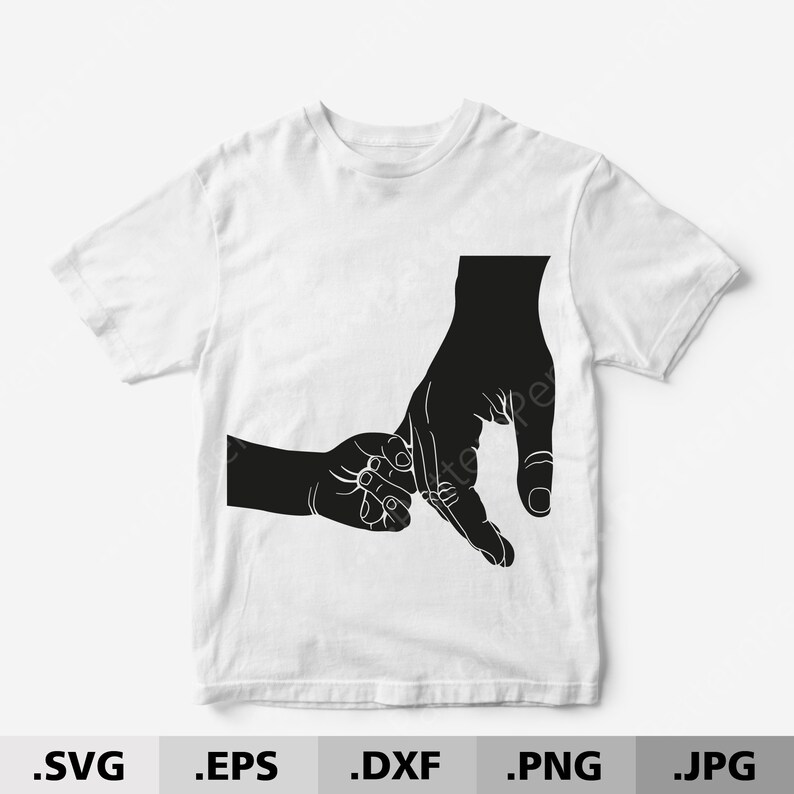 May include: Black and white silhouette of two hands holding each other. The larger hand is on the right and the smaller hand is on the left. The hands are in a simple, stylized design.