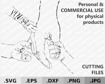 Puede incluir: Ilustración en blanco y negro de línea de arte de tres manos que se agarran los dedos. La imagen está sobre un fondo blanco con un patrón repetitivo de pequeños puntos negros. El texto "Personal & COMMERCIAL USE for physical products" y "CUTTING FILES" está en la parte inferior de la imagen. El texto ".SVG .EPS .DXF .PNG .JPG" está en la parte inferior de la imagen.