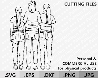 Mother and 2 teenage daughters SVG. Family clipart mom and adult girls SVG. Mama hand drawn digital files for cutting Cricut/Silhouette SVG