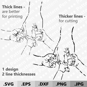 Op de afbeelding: Zwart-witte lijntekening van vier handen die elkaar vasthouden. De tekst "Thick lines - are better for printing" en "Thicker lines - for cutting" is opgenomen in de afbeelding.