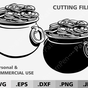 Könnte beinhalten: Schwarz-weiße Vektorillustration eines Goldtopfs. Der Topf ist überfüllt mit Goldmünzen. Der Text "CUTTING FILES" befindet sich oben im Bild. Der Text "Personal & COMMERCIAL USE" befindet sich unten im Bild. Der Text ".SVG .EPS .DXF .PNG .JPG" befindet sich unten im Bild.