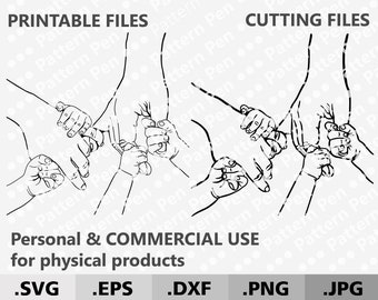 Puede incluir: Ilustración en blanco y negro de línea de arte de cinco manos que se sostienen mutuamente. La imagen está etiquetada como "Archivos imprimibles" y "Archivos de corte" e incluye el texto "Uso personal y comercial para productos físicos" y los tipos de archivos .SVG, .EPS, .DXF, .PNG y .JPG.