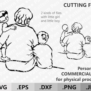 Großmutter und 2 Kinder Clipart SVG. Oma 2 Kinder kleiner Junge, Mädchen SVG. Nana handgezeichnete digitale Dateien zum Schneiden Cricut/Silhouette SVG
