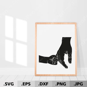 May include: Black and white silhouette of an adult hand holding a child's hand.
