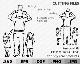 Puede incluir: Un dibujo en blanco y negro de un padre llevando a un niño en sus hombros, con otros dos niños de pie a su lado. La imagen está etiquetada como "CUTTING FILES" e incluye el texto "Little girl", "2 kinds of files", "Little boy", "3 separate layers in svg, eps", "Personal & COMMERCIAL USE for physical products", ".SVG", ".EPS", ".DXF", ".PNG", ".JPG".