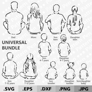 SVG de familia numerosa. Línea de arte SVG de familia sentada. Clipart de padres e hijos. Archivo SVG de regalo del Día de la Madre para Cricut. Clipart de retrato familiar personalizado
