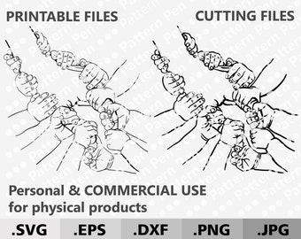 Puede incluir: Ilustración en blanco y negro de líneas de múltiples manos sosteniendo una cuerda juntas. La imagen está etiquetada como "Archivos imprimibles" y "Archivos de corte" e incluye los tipos de archivos .SVG, .EPS, .DXF, .PNG y .JPG. El texto "Uso personal y comercial para productos físicos" también está incluido.