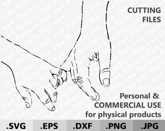 Puede incluir: Ilustración en blanco y negro de dos manos que se toman de la mano. El texto "CUTTING FILES" está en la esquina superior derecha de la imagen. El texto "Personal & COMMERCIAL USE for physical products" está en la esquina inferior derecha de la imagen. El texto ".SVG .EPS .DXF .PNG .JPG" está en el centro inferior de la imagen.