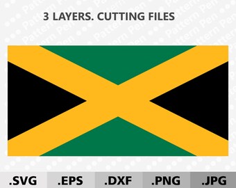 Puede incluir: Un gráfico vectorial de la bandera jamaicana, con una cruz de San Andrés amarilla que divide la bandera en cuatro secciones: dos verdes y dos negras. El texto "3 LAYERS. CUTTING FILES" está en la parte superior. Formatos de archivo: .SVG, .EPS, .DXF, .PNG y .JPG.