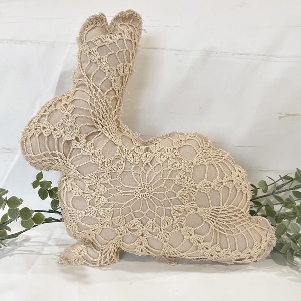 Vintage Doily Overlay Bunny Pillow