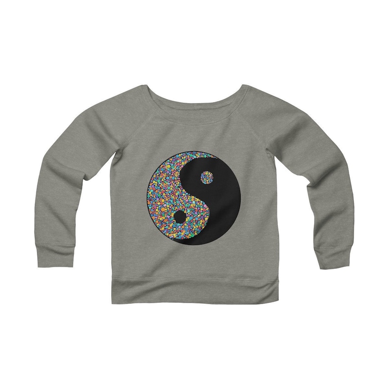Raindrop Zoo Women/'s Fleece Wide Neck Sweatshirt Yin Yang Rainbow Black Watercolor