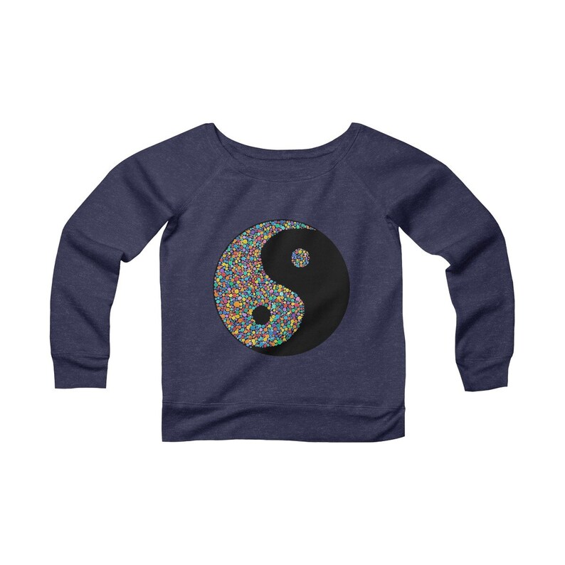 Raindrop Zoo Women/'s Fleece Wide Neck Sweatshirt Yin Yang Rainbow Black Watercolor