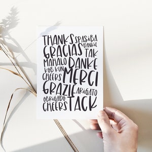 Karta z podziękowaniami, Karta z podziękowaniami w językach obcych, Merci, Gracias, Danke, Grazie, Spasiba, Karta z podziękowaniami - Koperta i naklejka w zestawie