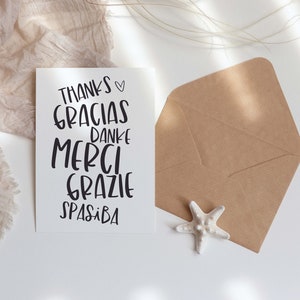 Karta z podziękowaniami, Karta z podziękowaniami w językach obcych, Merci, Gracias, Danke, Grazie, Spasiba, Karta z podziękowaniami - Koperta i naklejka w zestawie