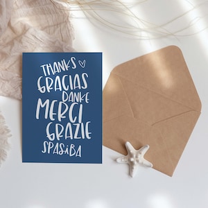 Karta z podziękowaniami, Karta z podziękowaniami w językach obcych, Merci, Gracias, Danke, Grazie, Spasiba, Karta z podziękowaniami - Koperta i naklejka w zestawie