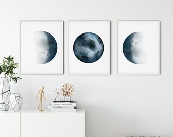 Set of 3 Blue Moon Phases Print, Moon Phases print, Lunar Phases,  Minimalist Moon Art, Modern Poster, Blue Moon Home Wall Art