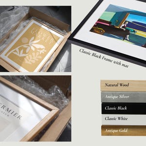 The image is a collage of four photos, each depicting a different type of frame or artwork. The first photo shows a framed artwork with a gold frame and a white cover. The second photo shows a framed artwork with a black frame and a white cover. The third photo shows a framed artwork with a wooden frame and a white cover. The fourth photo shows a framed artwork with a natural wood frame and a white cover.