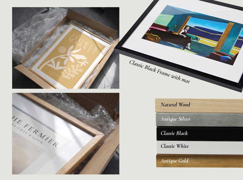 The image is a collage of four photos, each depicting a different type of frame or artwork. The first photo shows a framed artwork with a gold frame and a white cover. The second photo shows a framed artwork with a black frame and a white cover. The third photo shows a framed artwork with a wooden frame and a white cover. The fourth photo shows a framed artwork with a natural wood frame and a white cover.