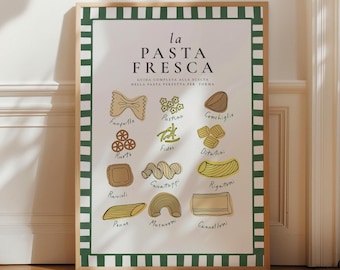 Italian Pasta Print, Types of Pasta Wall Art, Kitchen Decor, Italian Kitchen Poster, Food Art Print, Mediterranean Home Pasta Lover Gift
