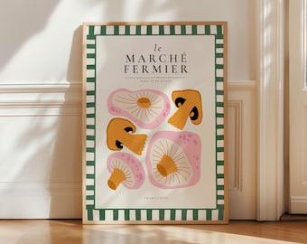 Le Champignon Print, Mushrooms poster, Fungi Art Print, Kitchen Art, Aesthetic Kitchen Decor, Trendy Retro Poster, Food Market wall art