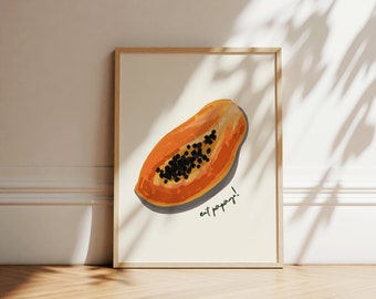 Papaya Fruit Art Print Poster, Tropical fruit Kitchen Wall Art, fruit Print, Trendy Retro Poster, Minimalist Kitchen decor, Papaya Poster