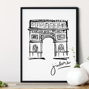 Boceto del Arco del Triunfo, Póster del Arco del Triunfo, Paris J'adore, Ilustración de París, Arte de pared de París, Arte de pared para decoración del hogar, Viajes a Francia