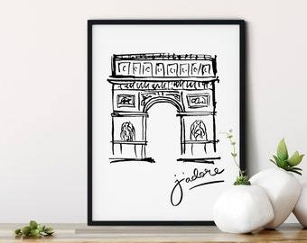 Arc de Triomphe Sketch, Arc de Triomphe Poster, Paris J'adore, Paris illustration print, Paris Wall Art, Wall Art Home Decor, France Travel