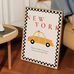 New York City Poster, Yellow Taxi Cab Print NYC decor, Trendy Minimalist Wall Art, aesthetic preppy wall art, Retro Travel Poster US Nursery