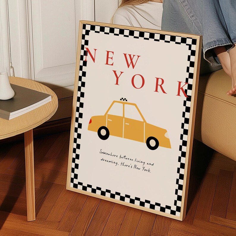 New York City Poster, Yellow Taxi Cab Print NYC decor, Trendy Minimalist Wall Art, aesthetic preppy wall art, Retro Travel Poster US Nursery