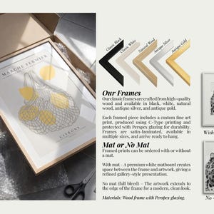 The image is a collage of multiple framed artworks, including a framed print of a le marche fermier print and a framed print of a le marche fermier print. The framed prints are available in various colors and materials, such as wood, antique silver, and antique gold. The image also includes a description of the frames, highlighting their custom art print, high-quality craftsmanship, and the option to order them with or without a mat.