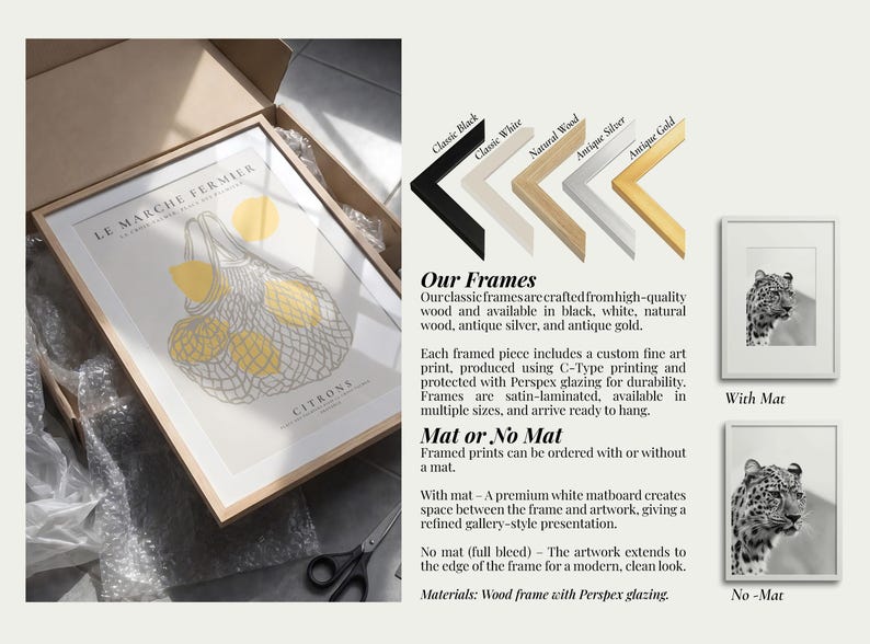 The image is a collage of multiple framed artworks, including a framed print of a le marche fermier print and a framed print of a le marche fermier print. The framed prints are available in various colors and materials, such as wood, antique silver, and antique gold. The image also includes a description of the frames, highlighting their custom art print, high-quality craftsmanship, and the option to order them with or without a mat.