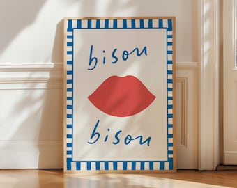 Bisou Bisou, French retro Wall Print, Kiss Poster print, Trendy Minimalist Wall Art, aesthetic preppy wall art, fashion lipstick wall art
