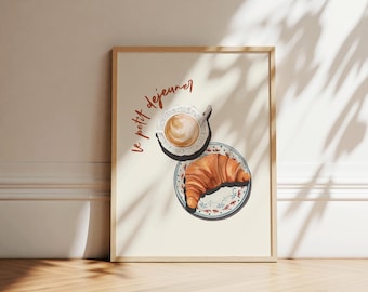Petit Dejeuner Breakfast Poster, Brunch Print, Trendy Retro Poster, Minimalist Kitchen decor, french food Poster, Croissant coffee  print