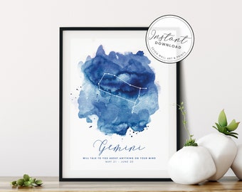 Personalised Zodiac Starsign Wall Art, Gemini Star Sign, Horoscope Zodiac Print, Personalised Constellation Art Print, Zodiac Nursery Gift