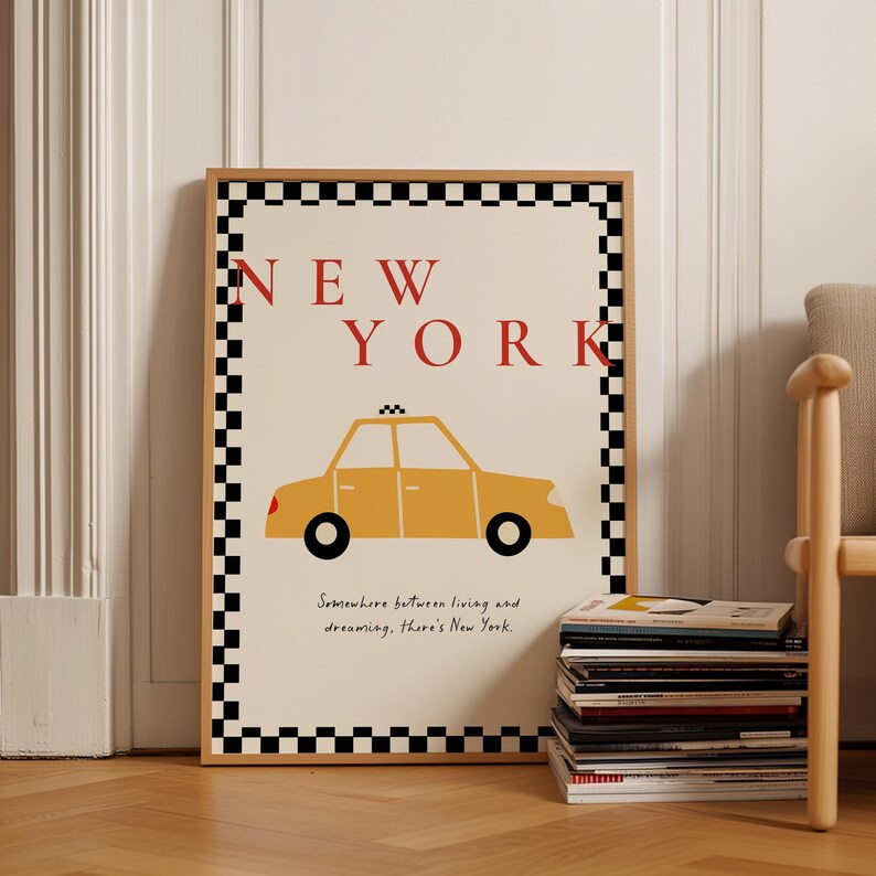 New York City Poster, Yellow Taxi Cab Print NYC decor, Trendy Minimalist Wall Art, aesthetic preppy wall art, Retro Travel Poster US Nursery