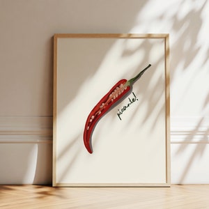 Chilli Pepper Poster, Spicy Kitchen Wall Art, Picante spicy Print, Trendy Retro Poster, Minimalist Kitchen decor, Food chillies Illustration