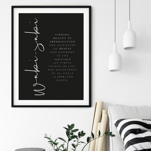 May include: Black and white print with the text "Finding beauty in imperfection. The discovery of beauty and harmony in the unfinished and simple things in life. The acceptance of the cycle of life and death." The text is written in a cursive font and is centered on the page. The background is black.