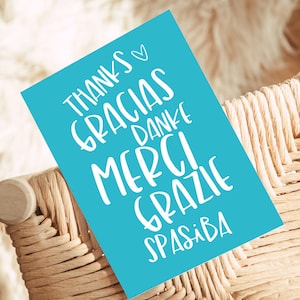 Karta z podziękowaniami, Karta z podziękowaniami w językach obcych, Merci, Gracias, Danke, Grazie, Spasiba, Karta z podziękowaniami - Koperta i naklejka w zestawie