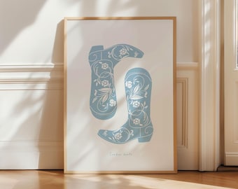 Blue Cowboy Boots Print, Minimalist Southern Wall Art Poster, Rodeo vintage Western Cowgirl Art, Aesthetic trendy Apartment Decor