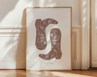 Rust Cowboy Boots Print, Minimalist Southern Wall Art Poster, Rodeo vintage Western Cowgirl Art, Aesthetic trendy Apartment Decor wild west