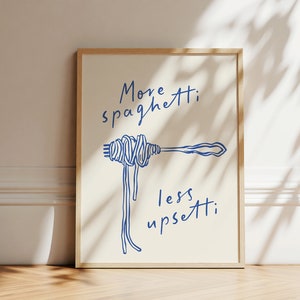Più Spaghetti Meno Regretti, Poster di cibo italiano, Arte della parete della cucina per gli amanti della pasta, Stampa della cucina italiana, Poster retrò alla moda Stampa minimalista