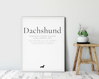 Dachshund perro definición impresión, regalo de amante de Dachshund, cartel de impresión de perro Dachshund, decoración de la pared del perro, definición impresión perro salchicha