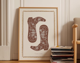 Rust Cowboy Boots Print, Minimalist Southern Wall Art Poster, Rodeo vintage Western Cowgirl Art, Aesthetic trendy Apartment Decor Wild West