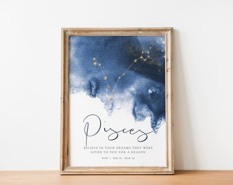 Pisces Zodiac poster, Pisces constellation Print, Personality Trait, Birthday Gift, Zodiac birth Month, Star Sign motto, Horoscope Quote